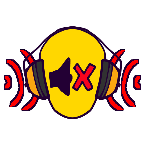 A drawing of a featureless yellow person’s head wearing orange ear defenders. Red waves representing sounds surround them, and there is a “muted” symbol - A speaker and a red X - in the center of their face to show that they don’t perceive the outside sounds. 